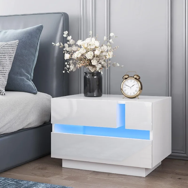 Hommpa Modern LED Nightstand with 2 Drawers White for Bedroom