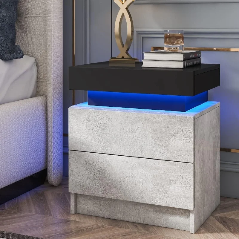 Hommpa Modern Matte LED Nightstand Bedside Table with 2 Drawers Gray Black