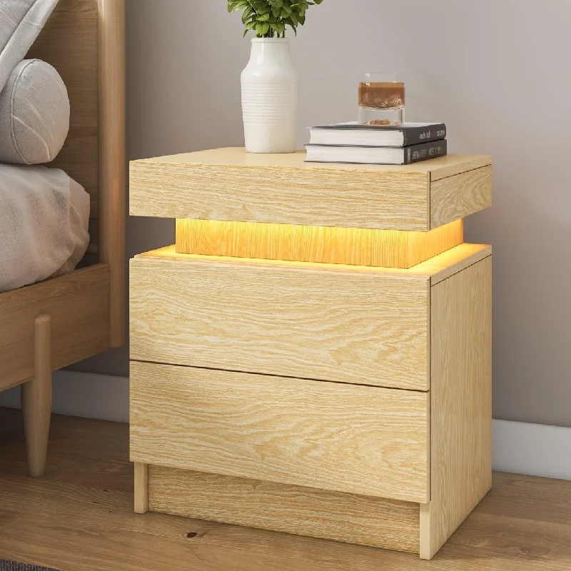 Hommpa Modern Matte LED Nightstand Bedside Table with 2 Drawers Wood Color