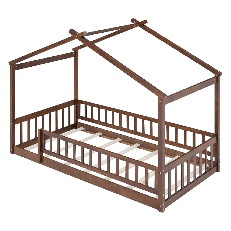 House Bed with Fence, Roof, Semi-Enclosed Space, Pine Frame