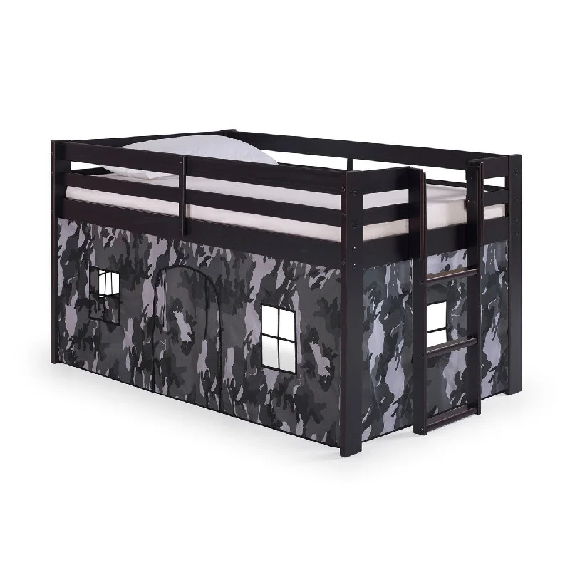 Jasper Twin Junior Loft Bed, Espresso Frame and Gray Camouflage Bottom Playhouse Tent