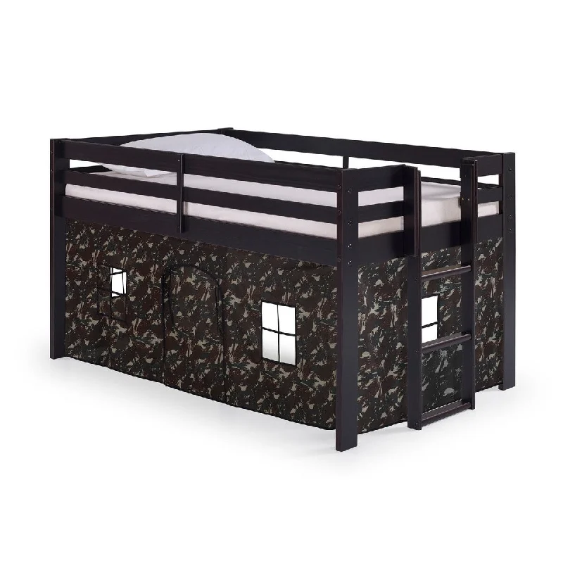 Jasper Twin Junior Loft Bed, Espresso Frame and Green Camouflage Bottom Playhouse Tent