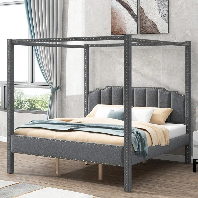 King Size Linen Upholstery Canopy Platform Bed with Headboard,Support Legs,Gray