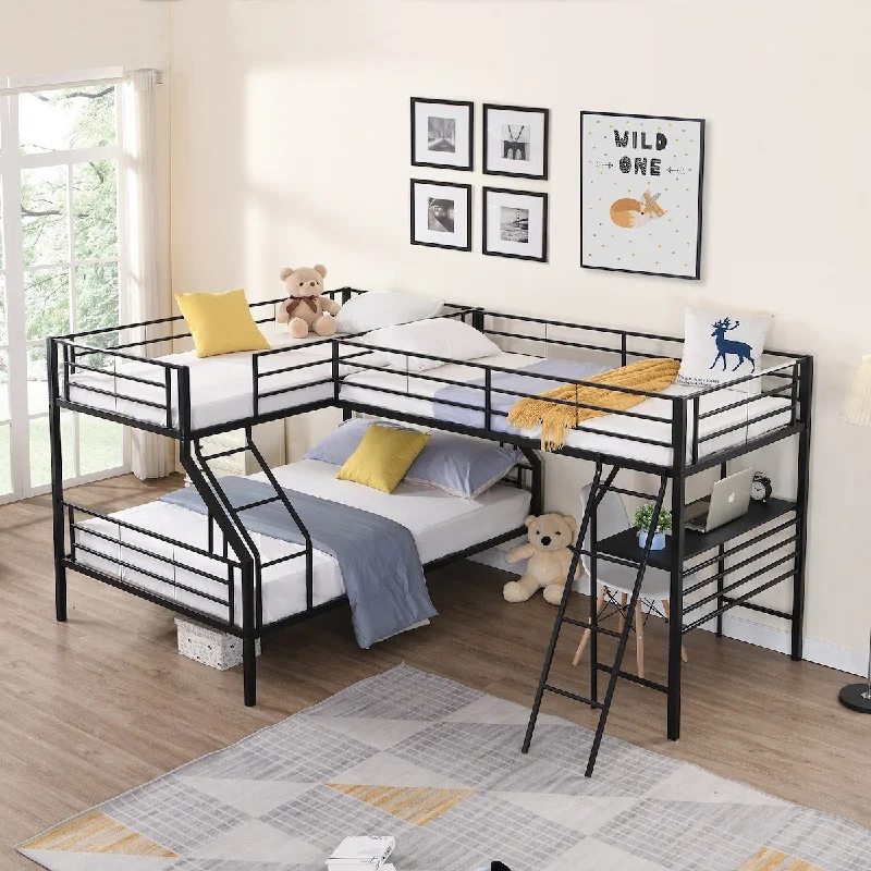 L-Shaped Twin Over Full Triple Bunk Bed with Twin Loft Bed Attached, Steel Bed Frame with Desk, Guardrail & Ladder for Kids