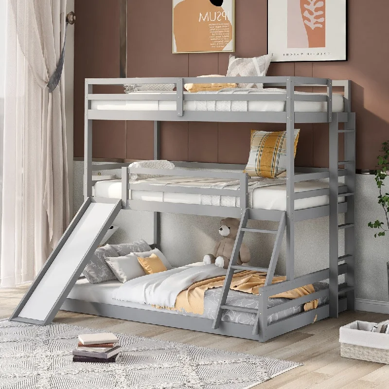 Loft Bed Convertible Triple Bed with Ladder and Slide, Bunk Bed Crafted from solid pine wood and MDF, Gray