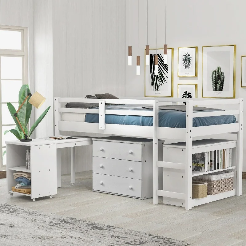 Low Study Twin Loft Bed with Cabinet and Rolling Portable Desk White