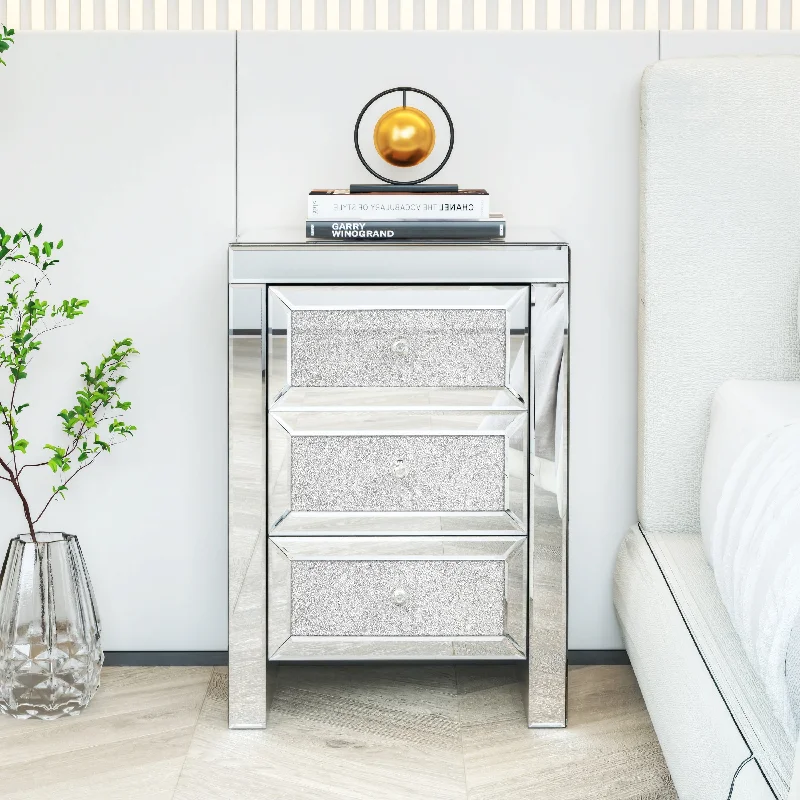 Mirrored Nightstand, Silver Bedside Tables, Mirrored End Table Side Table for Bedroom Living Room