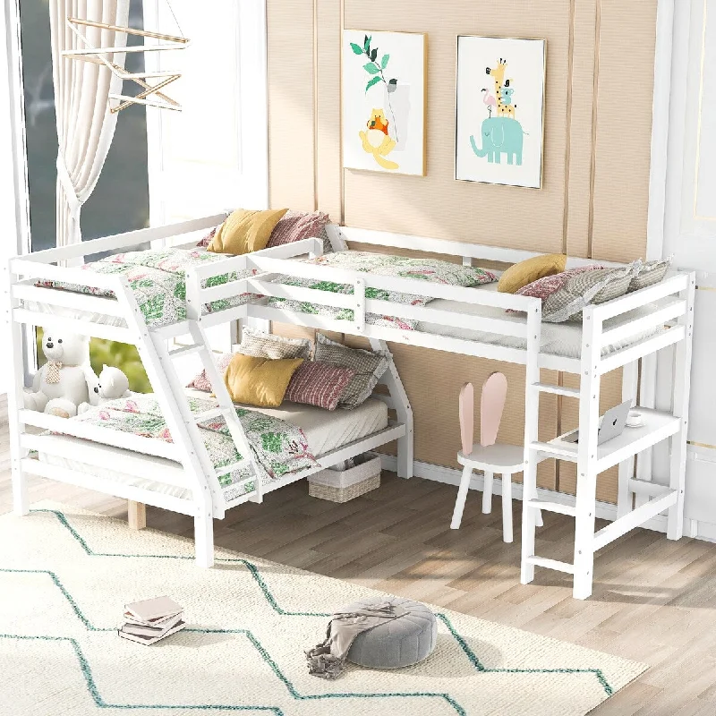 Mission Style L-shaped Twin over Full White Bunk Bed and Twin Size Loft Bed with Built-in Desk Suitable for Bedroom Apartment