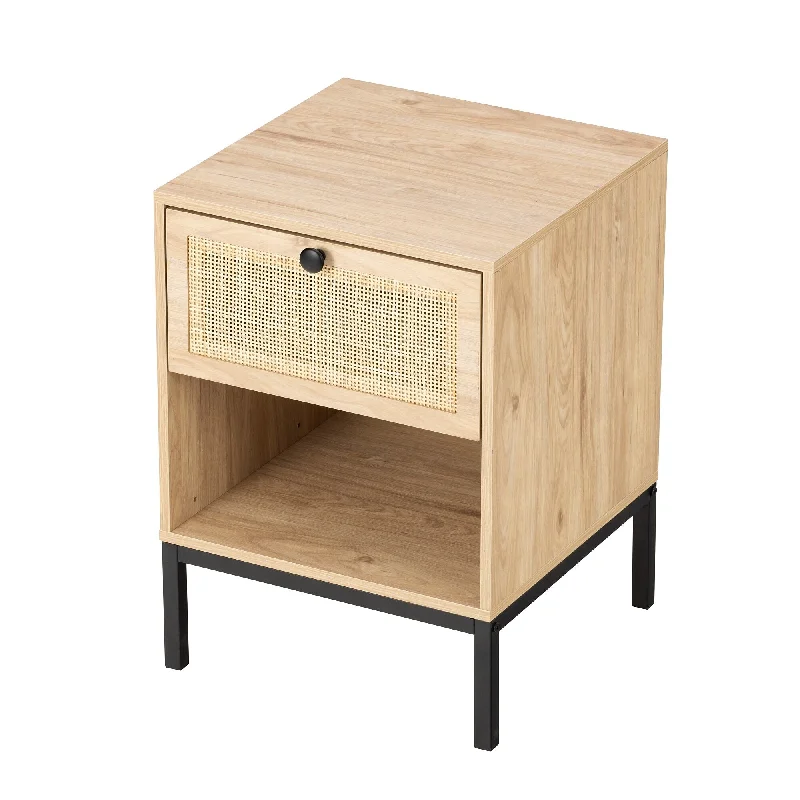 Modern Bedside Table with Open Storage Shelves and Drawers, Living Room Storage Cabinet with Black Stand, Bedroom Side Table