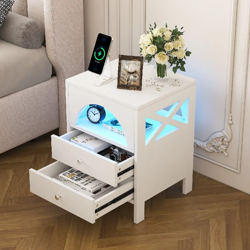 Modern Nightstand With LED Lights USB Charging Ports Bedside Table With 2 Drawers Shelf Metal Handle