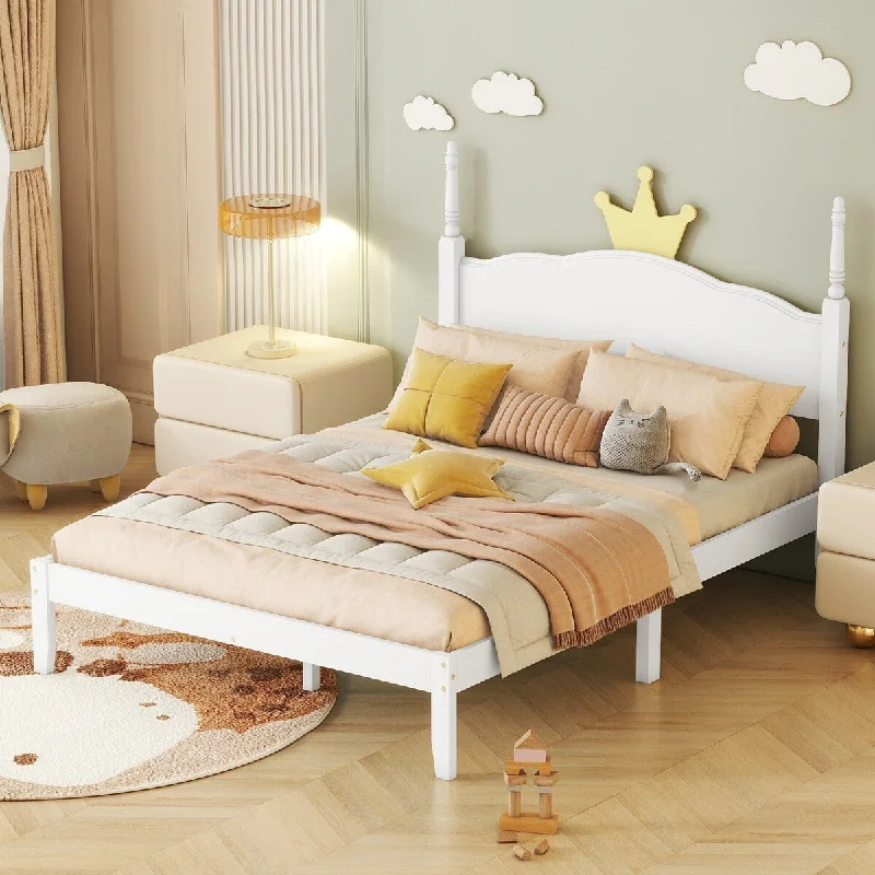 Modern Pine Wood Full Size Platform Bed with Crown Shaped Headboard, Sturdy Frame, Easy Assembly