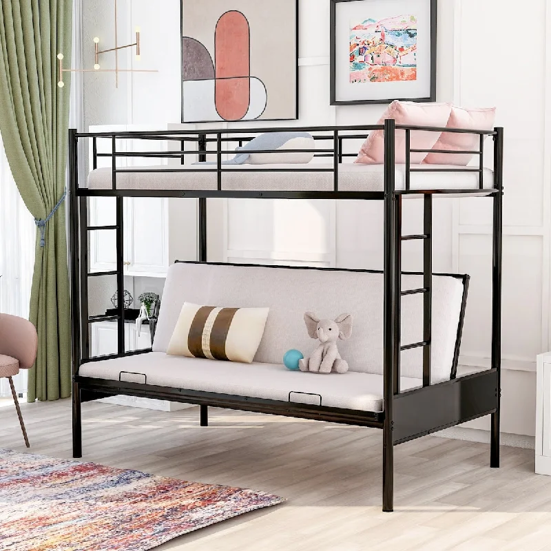 Modern Twin over Full Metal Bunk Bed with Ladder and Guardrails, Bottom bunk Converts from Sofa to Bed, Black