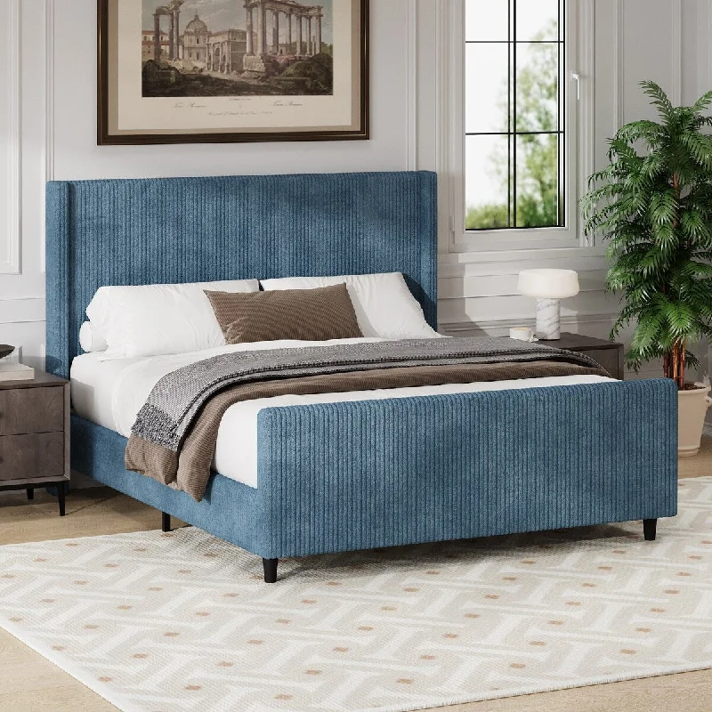 Modern Upholstered Bed Frame with Wingback and High Footboard,Blue