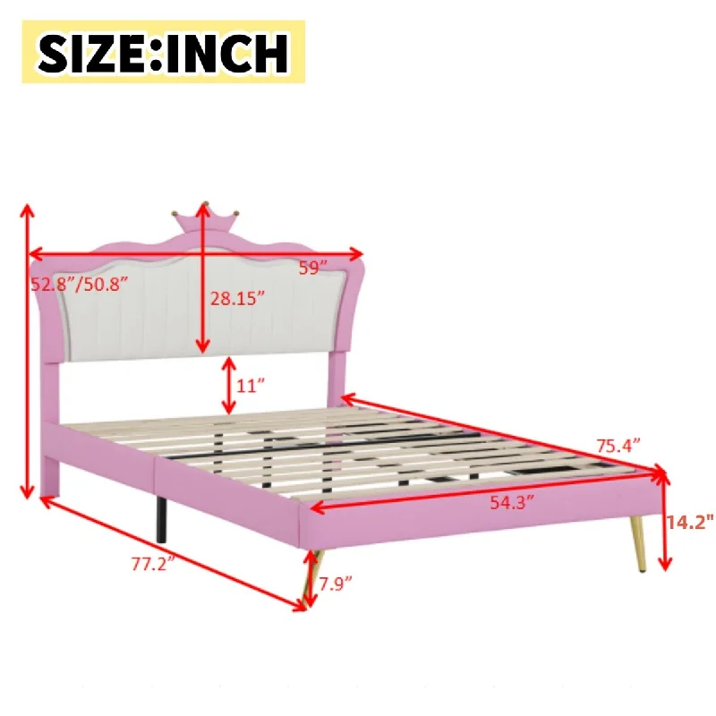 Modern Upholstered Princess Bed with Crown Headboard, Pink+White