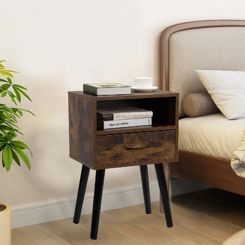 Modern Wooden Bedside Table with Drawers, Storage Cabinet with Open Shelves, Living Room Coffee Table with Solid Wood Legs