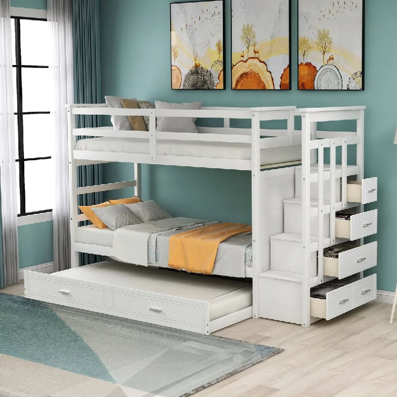 Multi-functional Design Solid Wood Bunk Bed, Hardwood Twin over Twin Bunk Bed with Trundle and Staircase Suitable for Bedroom