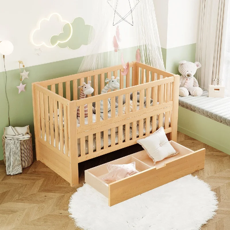 Natural Solid Wood 3-in-1 Convertible Crib with Drawers, Adjustable Height, Converts to Toddler Bed and Full Size Bed