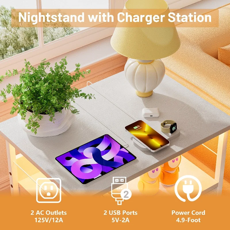 Nighstand With Charging Station White LED NightStand With 2 Drawers Bed Stand End Table For Bedroom, Living Room