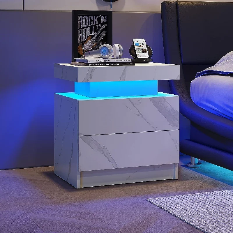 Nightstand Bedside Table Cabinet Built-in LED Lights, Living Room End Side Table with 2 Drawers, Bedroom Matte White Lamp Table