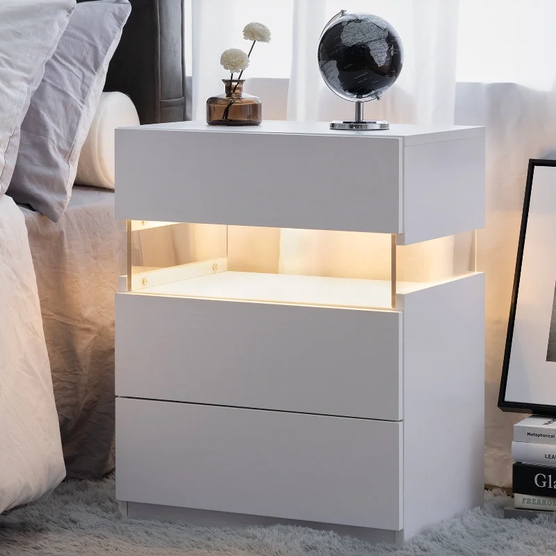 Nightstands Acrylic Board LED End Table Bedside Furniture, 3 Drawers