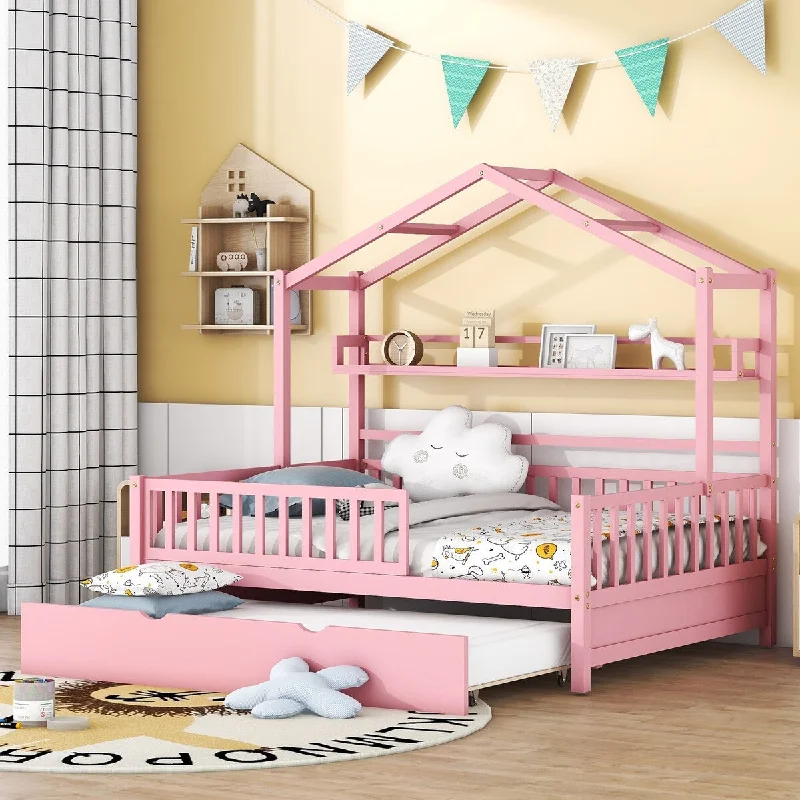 Pink Full Size House Platform Bed with Trundle, Shelf, Roof, Semi-Enclosed Space, Sturdy Pinewood Frame, Space-saving