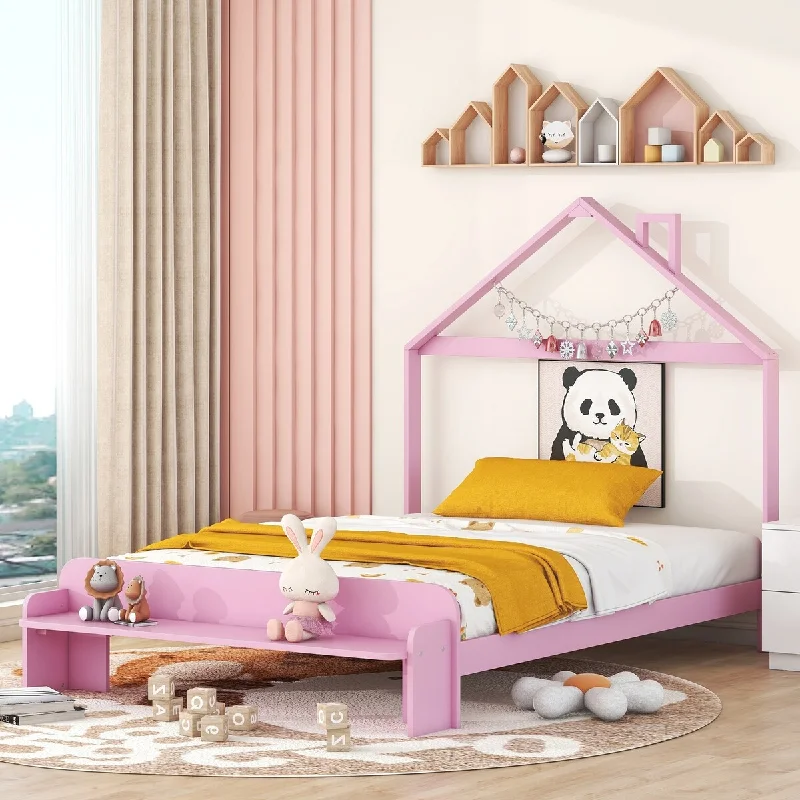 Pink Full Size Wood Platform Bed with House-shaped Headboard, Footboard Bench, Durable Pine Frame, Easy Assembly