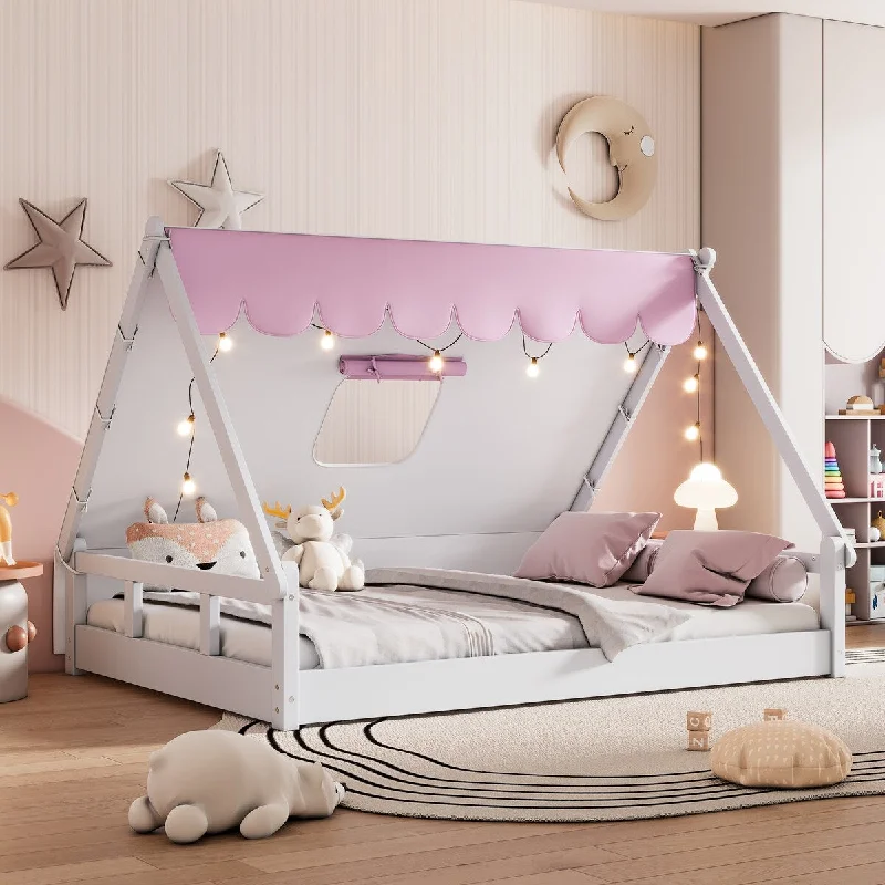 Pink Linen-Covered Wooden Full Size Tent Bed for Kids, Semi-Enclosed Play Area, Sturdy Pine Frame, Easy Assembly