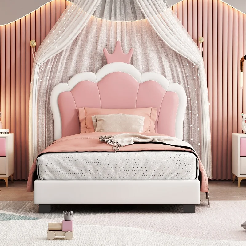 Pink Twin Size Princess Upholstered Platform Bed with Crown Headboard, Solid Pine Wood Frame, Easy Assembly