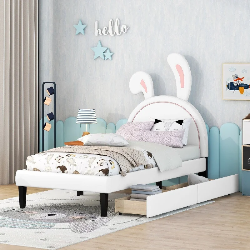 PU Leather Upholstered Platform Bed with Rabbit Ornament Headborad and 2 Drawers, Ideal for Kids