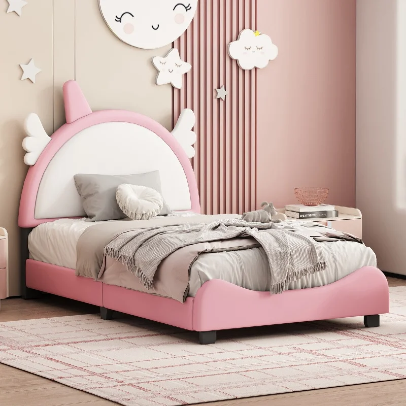 PU Upholstered Platform Bed with Unicorn Headboard