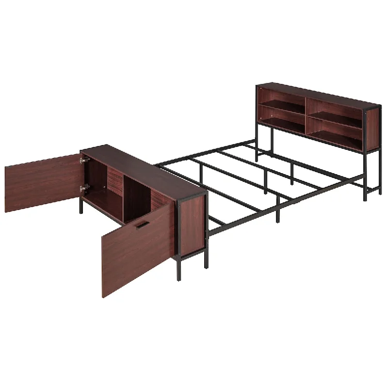 Queen Metal Platform Bed with Wood Cabinets & Footboard