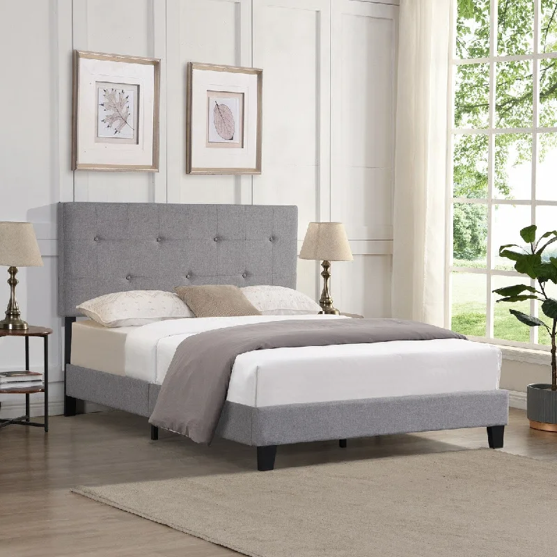 Queen Size Upholstered Platform Bed Frame with Button Tufted Linen Fabric Headboard,Wood Slat Support,Gray