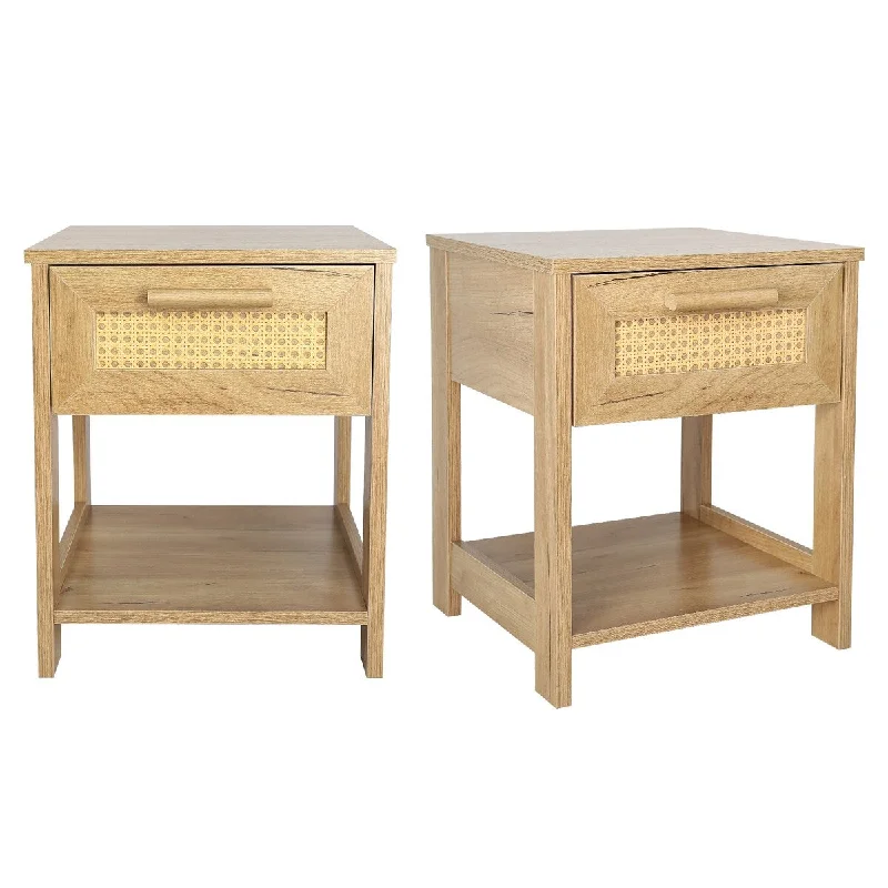 Rattan Bedside Table Set of 2, Bohemian Side Table with Drawer Open Shelf, Rattan Decorative Bedside Table with Solid Wood Legs