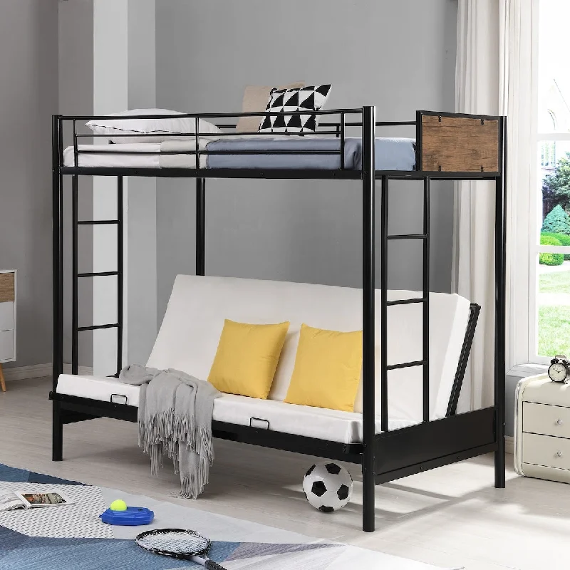 Rustic Twin Over Full Metal Bunk Bed, Convertible Twin Over Futon Bed, Black