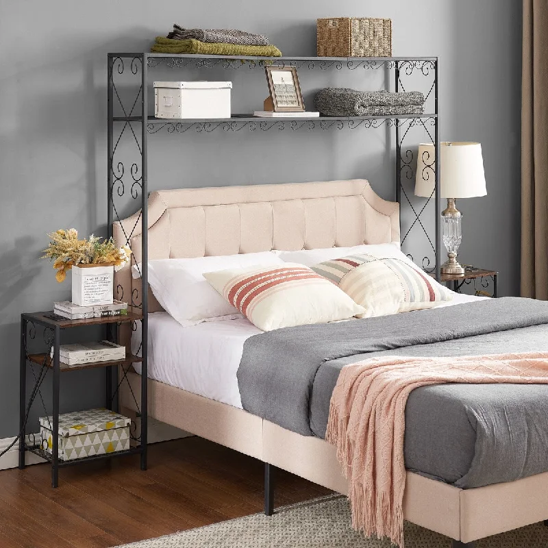 Side Table with Storage and Open Shelves, Bedroom Bookcase Nightstand, Storage Cabinet with Metal Legs