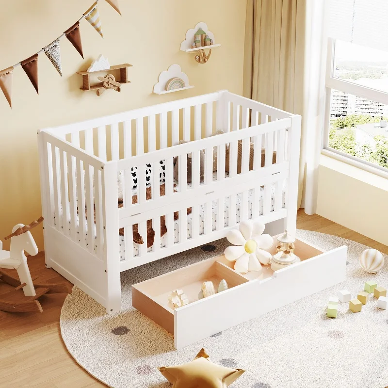 Solid Wood 3-in-1 Convertible Crib with Drawers, Adjustable Height, Converts to Toddler Bed and Full Size Bed