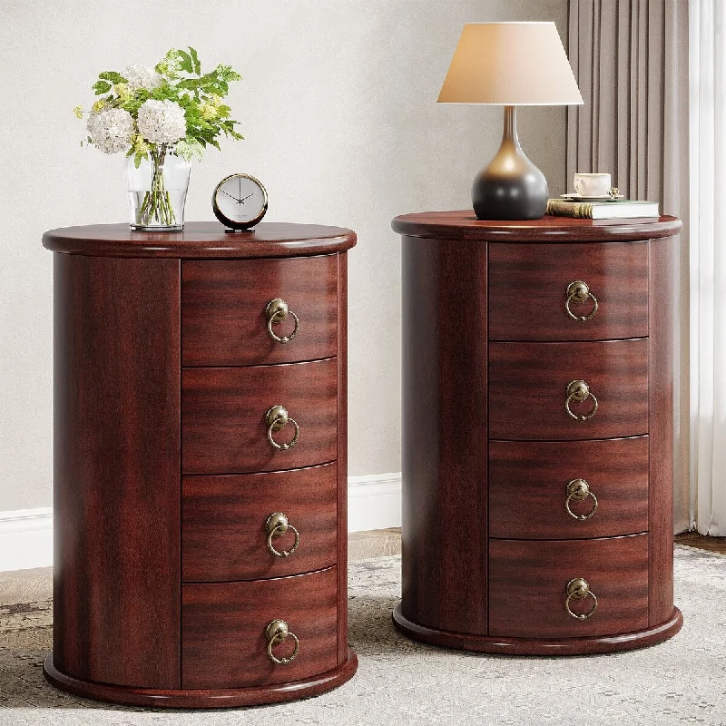 Solid Wood Bedside Table, Round Nightstand with 4 Drawers