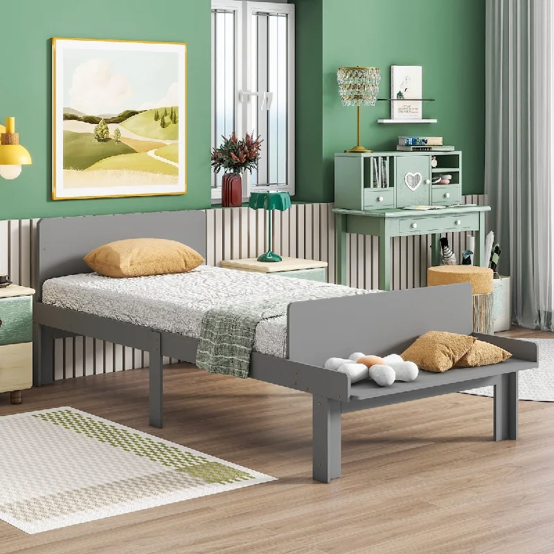 Twin/Full Size Kids Bed with Integrated Footboard Bench, Stylish Grey/White Platform Bed, Sturdy Pine Wood Frame