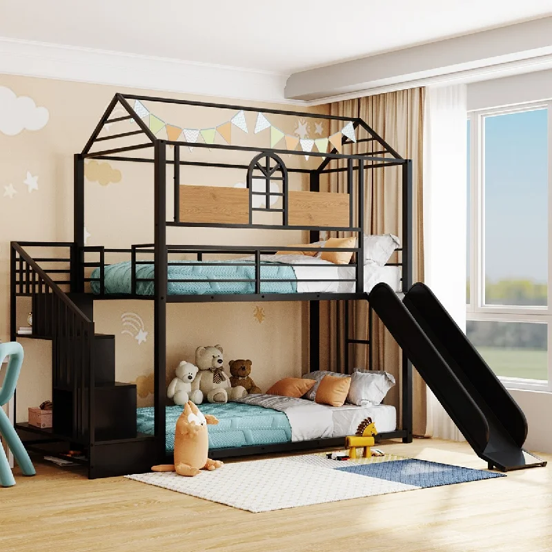 Twin House Bed with Whimsical Playhouse Design - Slide and Storage Stair, Metal Frame