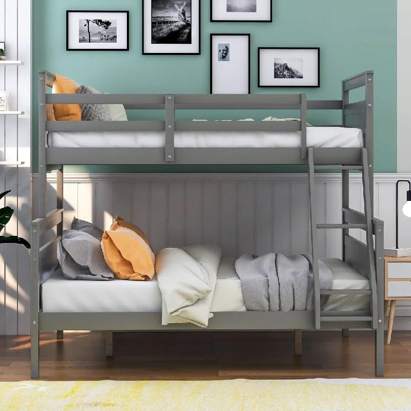 Twin over Full Bunk Bed Kid's Bed with Ladder & Safety Guardrail, Grey