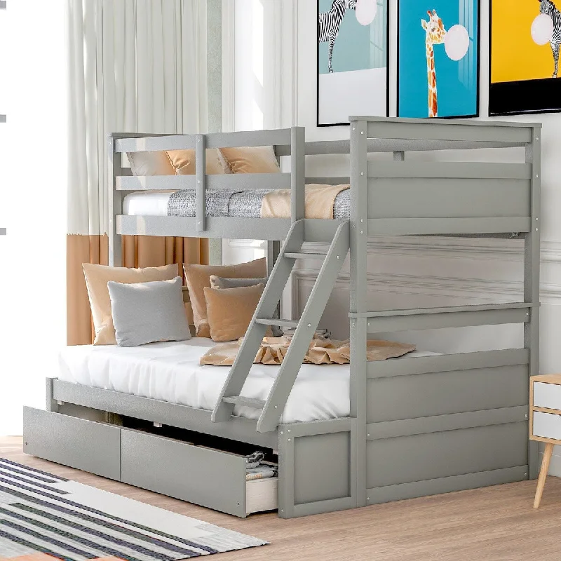 Twin over Full Wooden Storage Bunk Bed Frame with Drawers and Full-length Guardrail, Detachable Into Two Beds, Grey