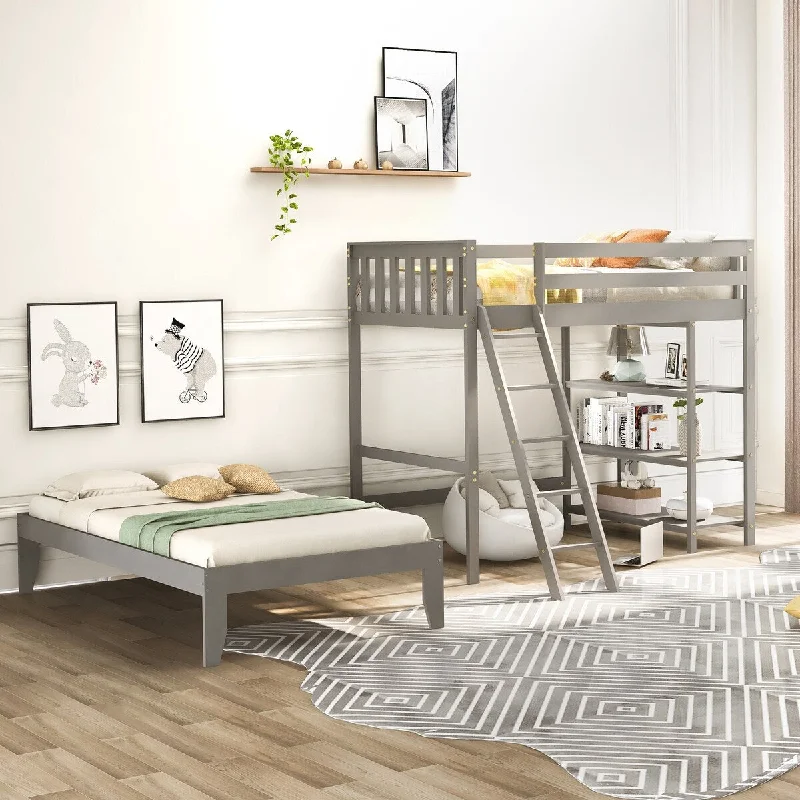 Twin over Twin Loft Bed with Separate Platform Bed Frame,Shelves and Ladder, Gray