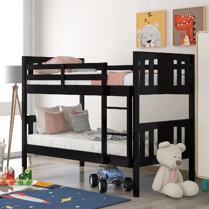 Twin over Twin Solid Wood Bunk Bed with Sturdy Ladder and Full-Length Guardrail, 79.6"L x 41.1"W x 62.9"H, Espresso