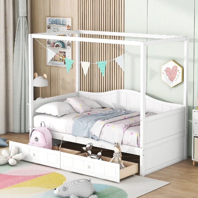 Twin Size Canopy Bed with 2 Drawers