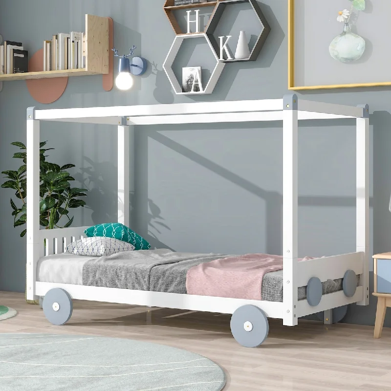 Twin Size Car-Shaped Platform Bed with Wheels, Wood Bedframe for Kids, Bedroom, No Spring Box Required & Easy Assembly