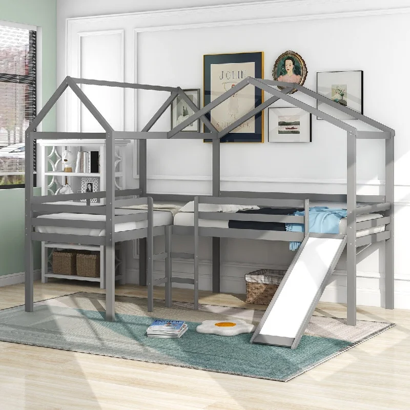 Twin Size Loft Bed Bed with Slide, Pinewood House Bed Frame with Full-Length Guardrails and Ladder, Playhouse with Roof