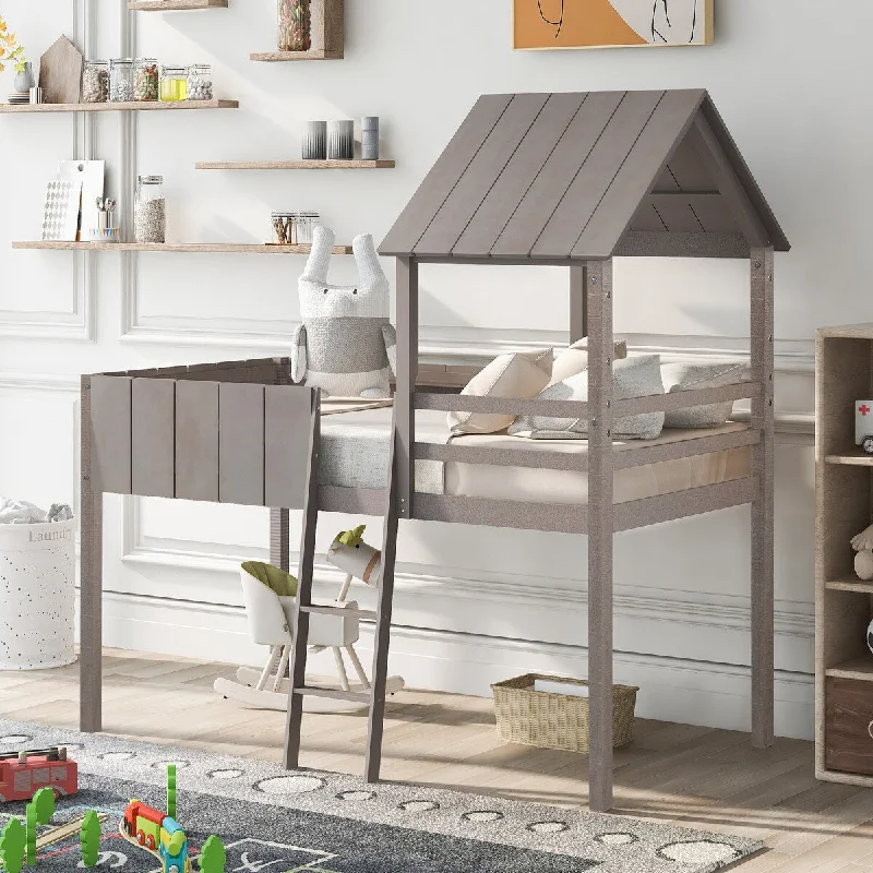 Twin Size Loft Bed Solid Wood Bed with Roof and Guardrail, House Bed with Spacious Under Bed Storage Space, Wash Gray