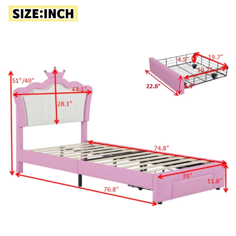 Twin Size Modern Upholstered Princess Bed with Crown Headboard, 2 Drawers