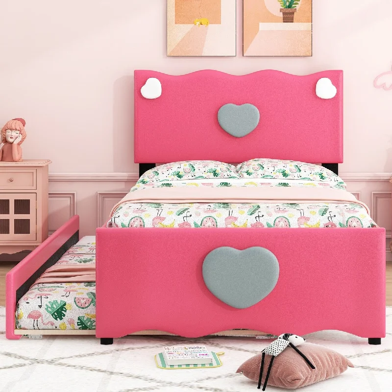 Twin Size Platform Bed with Twin Size Trundle and Heart Shaped Decoration