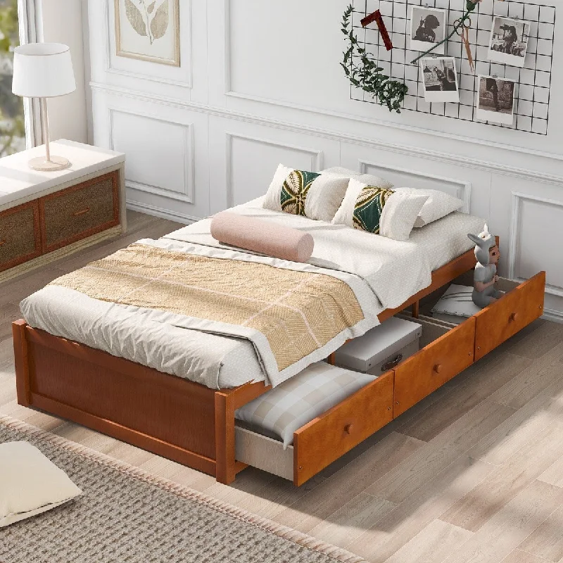 Twin Size Platform Storage Bed with 3 Drawers Solid Pine Made of Environmentally Friendly Materials